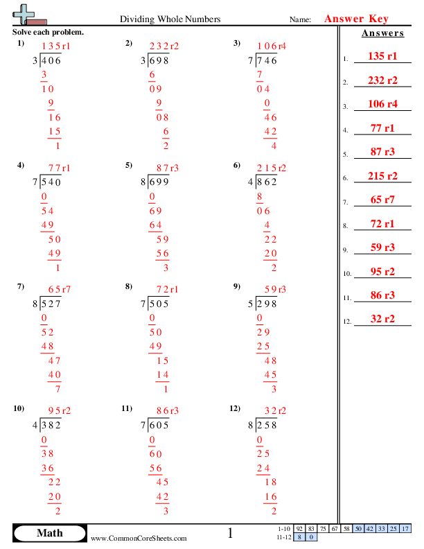  - 3 ÷ 1 (w/remainder) worksheet